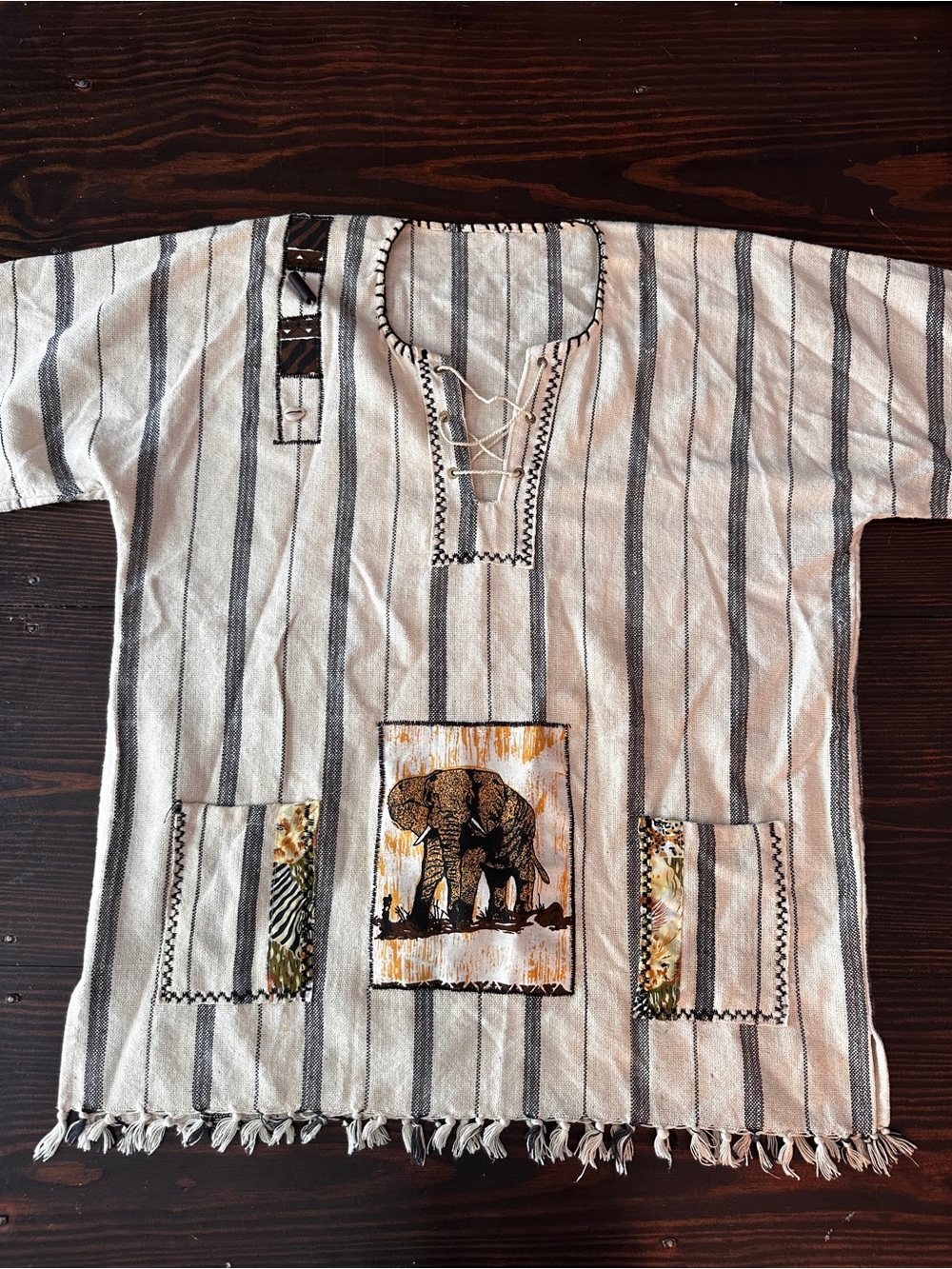 Striped Boho Elephant Tunic Top - Cream & Gray